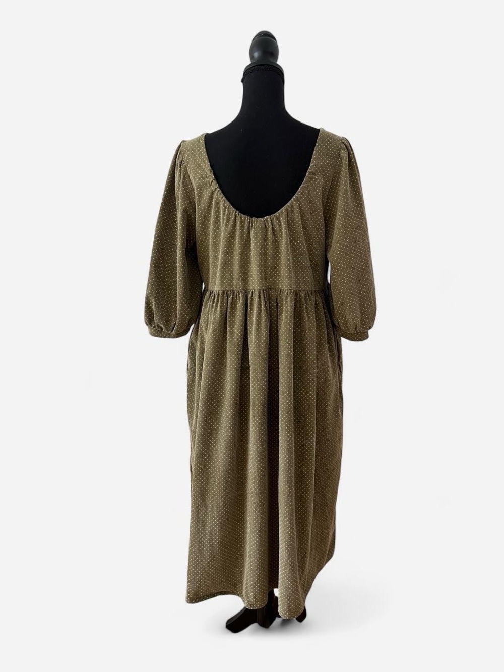 Olive Green Polka Dot Cottagecore Smock Dress Size Medium Prairie Farmcore Midi - Picture 2 of 8
